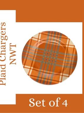 NWT Set of 4 Ragon House Fall Orange Plaid Melamine Charger Plates 12"